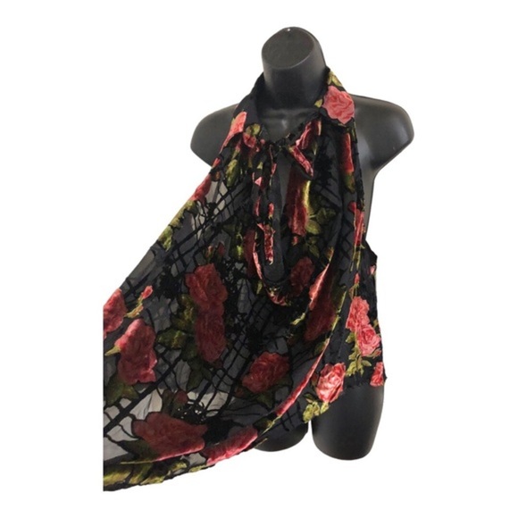 Free People black sheer velvet dark floral cowlneck tie neck blouse size medium - Picture 3 of 16